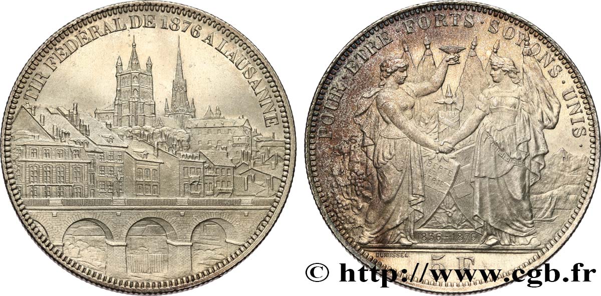 SCHWEIZ 5 Francs, monnaie de Tir, Lausanne 1876  fST 