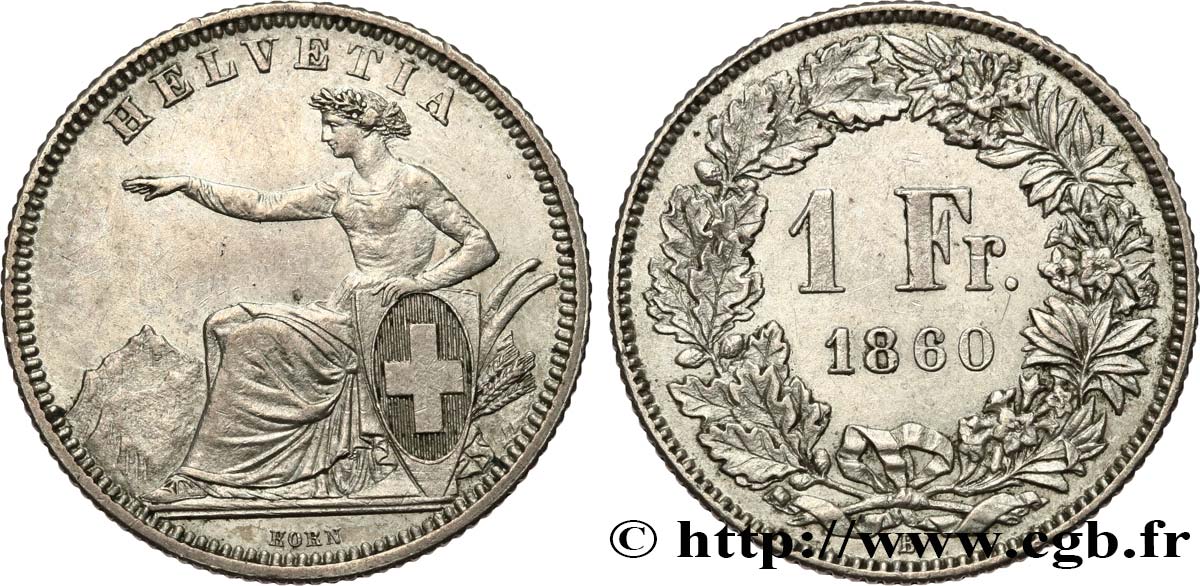 SWITZERLAND 1 Franc Helvetia 1860 Berne AU 