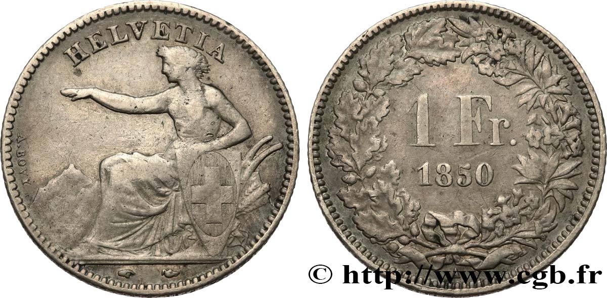 SWITZERLAND - HELVETIC CONFEDERATION 1 Franc Helvetia assise 1850 Paris VF/XF 