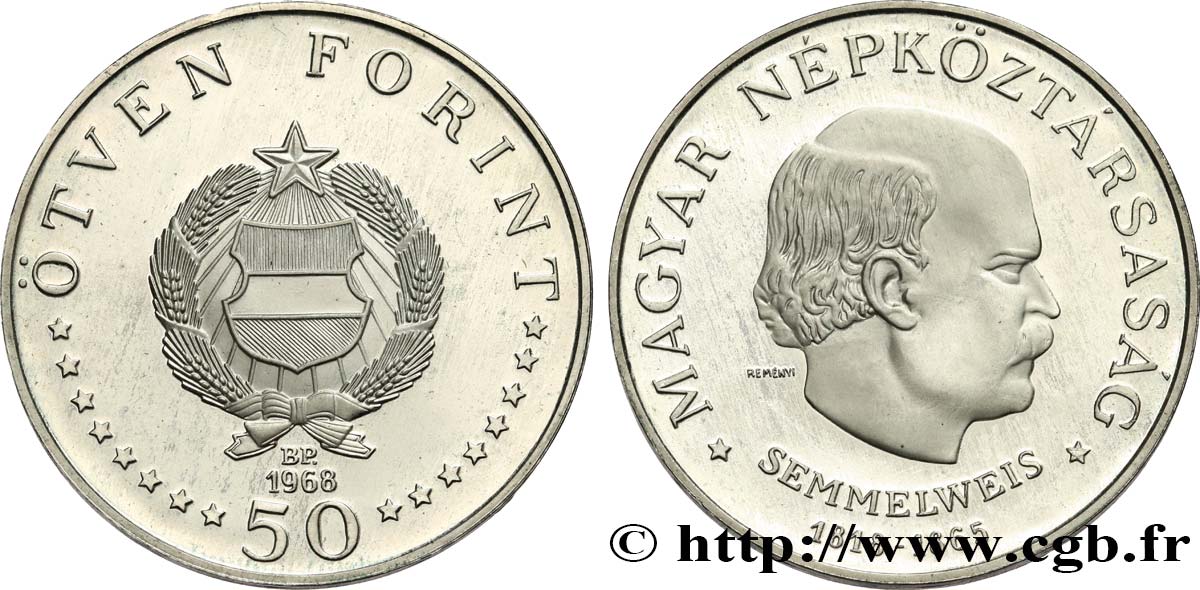 HONGRIE 50 Forint Proof Ignác Semmelweis 1968 Budapest SPL 