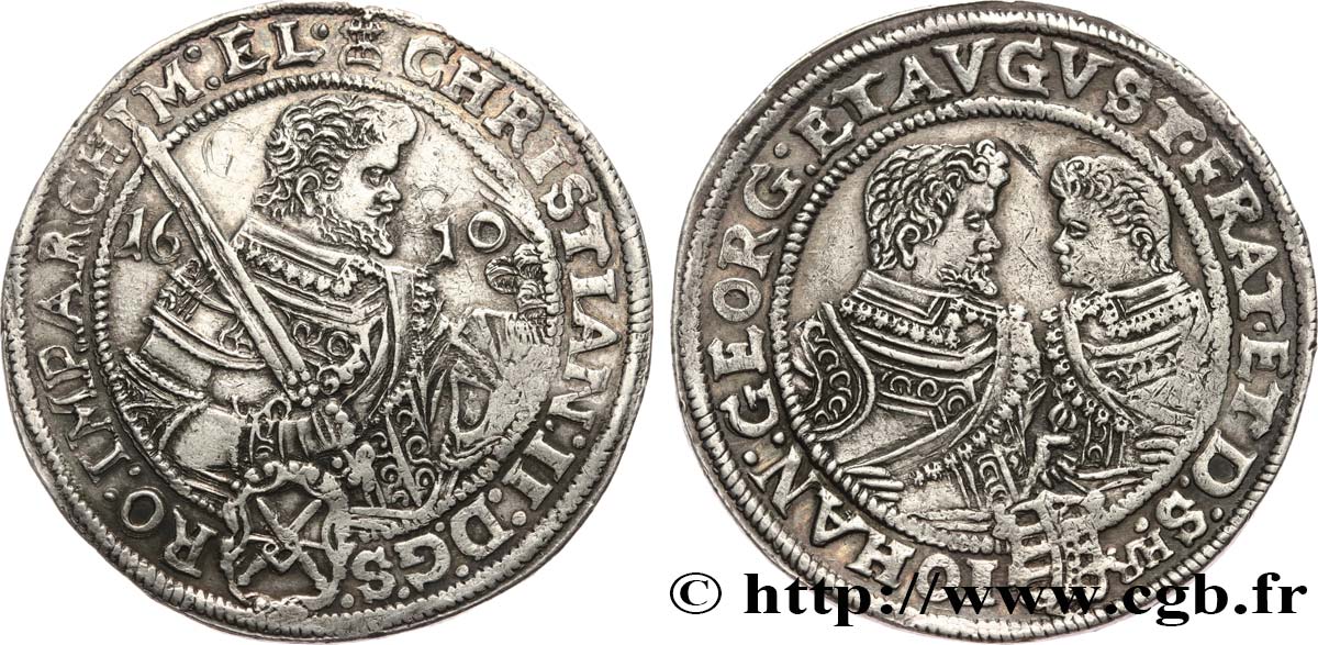 GERMANY - DUCHY OF SAXONY - ALBERTINE LINE - CHRISTIAN II, JOHN-GEORGE AND AUGUSTUS Thaler 1610 Leipzig AU 