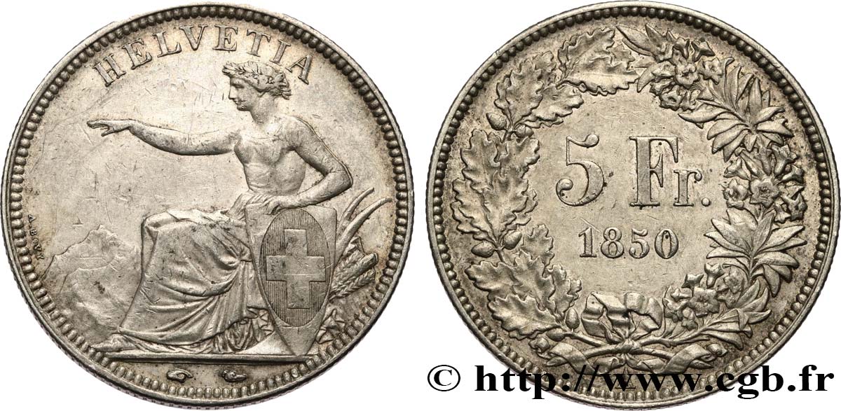 SUISSE - CONFEDERATION 5 Francs 1850 Paris AU 