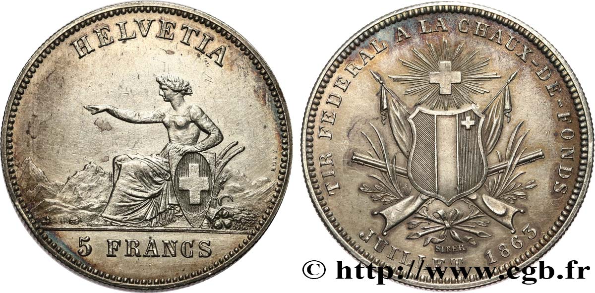 SCHWEIZ 5 Francs Tir fédéral de la Chaux-de-Fond 1863  VZ/fVZ 