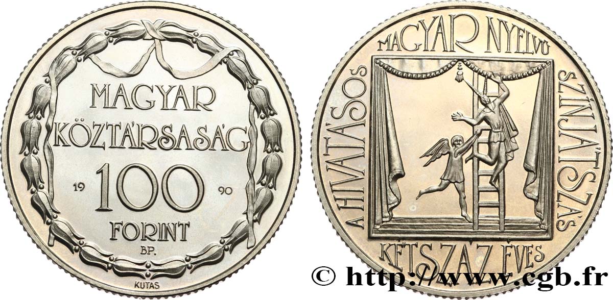 UNGARN 100 Forint Proof 200e anniversaire du théâtre hongrois 1990 Budapest fST 