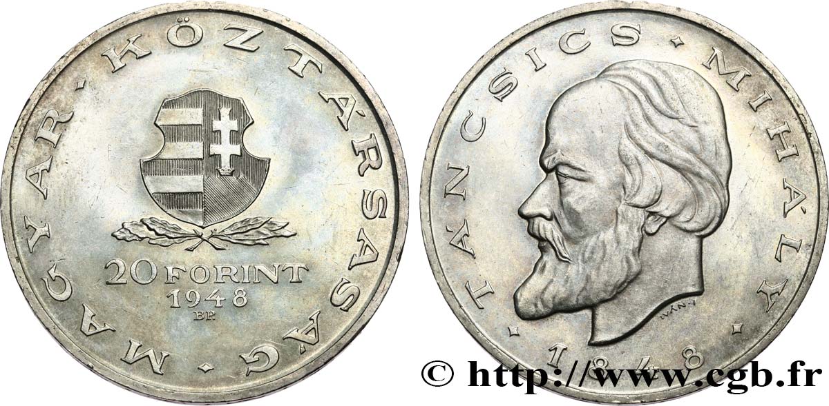 HUNGARY 20 Forint 100e anniversaire de la révolution de 1848, Mihály Táncsics 1948 Budapest MS 