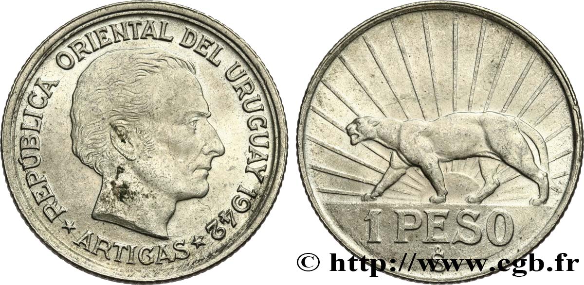 URUGUAY 1 Peso José Gervasio Artigas 1942 Santiago AU 