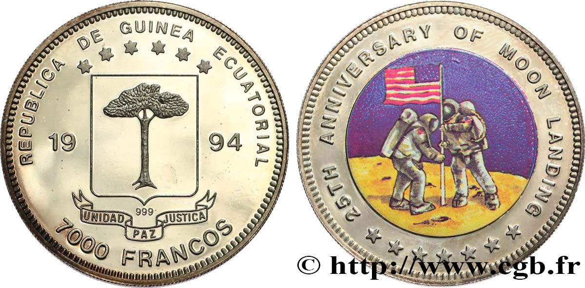 EQUATORIAL GUINEA 7000 Francos Proof 25e anniversaire du premier alunissage 1994  MS 