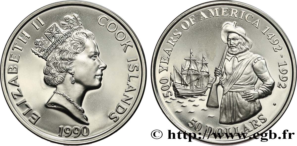 ÎLES COOK  50 Dollars Proof 500e anniversaire découverte de l’Amérique- Henry Hudson 1990  FDC 