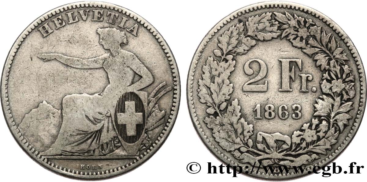 SUISSE 2 Francs Helvetia 1863 Berne B+ 