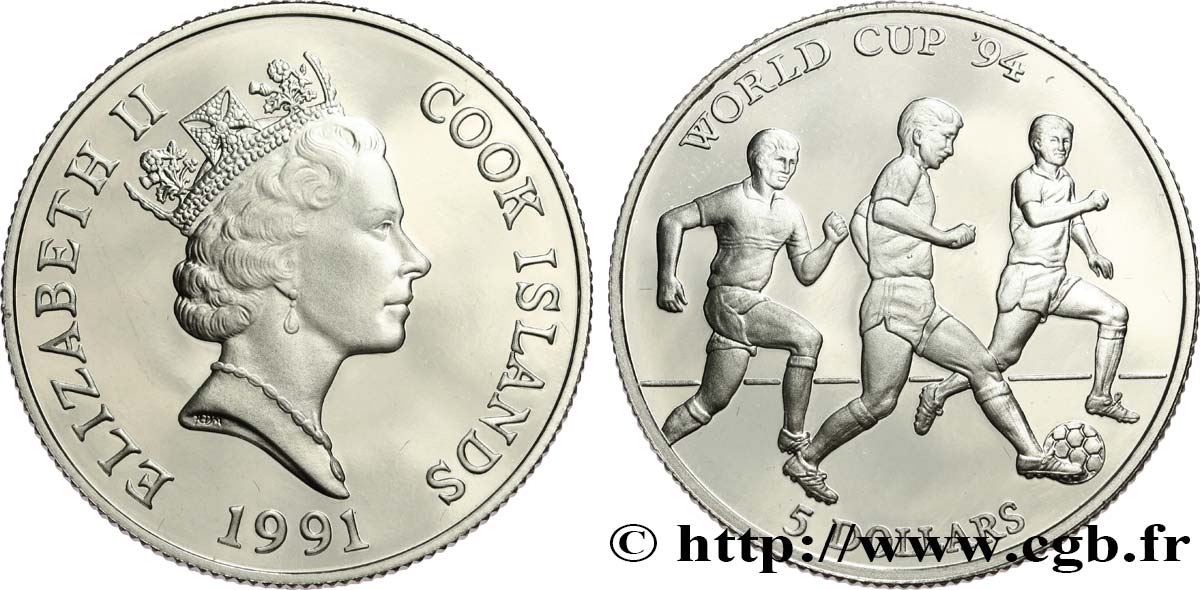 COOK INSELN 5 Dollars Proof FIFA World Cup 1991  fST 