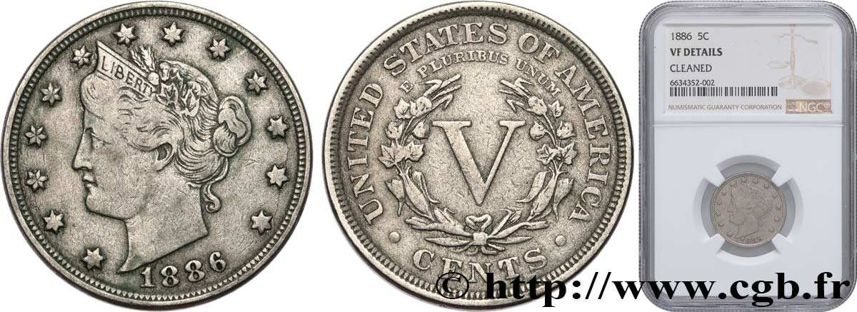 STATI UNITI D AMERICA 5 Cents “Liberté” 1886 Philadelphie BB NGC