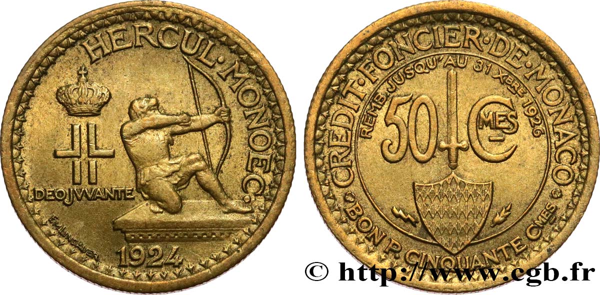 MONACO 50 Centimes émission du Crédit Foncier de Monaco 1924 Poissy TTB+ 