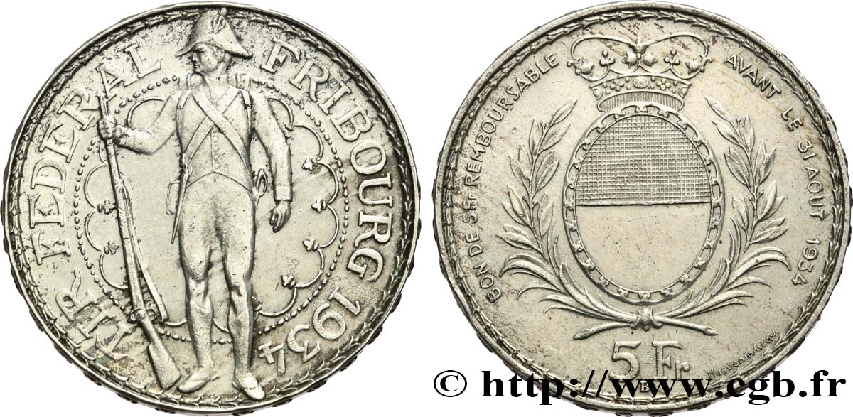 SUISSE 5 Francs, monnaie de Tir, Fribourg 1934 Le Locle TTB+ 