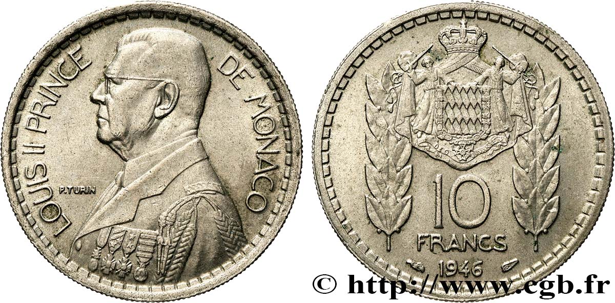 MONACO 10 Francs Louis II 1946 Paris VZ 