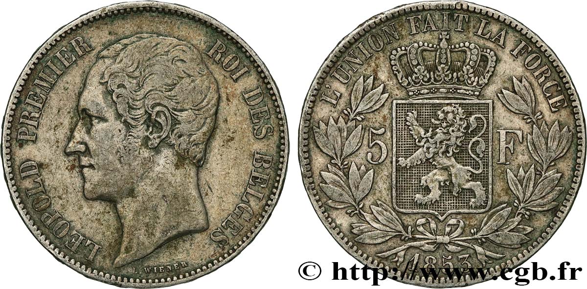 BÉLGICA 5 Francs Léopold Ier tête nue 1853  MBC 