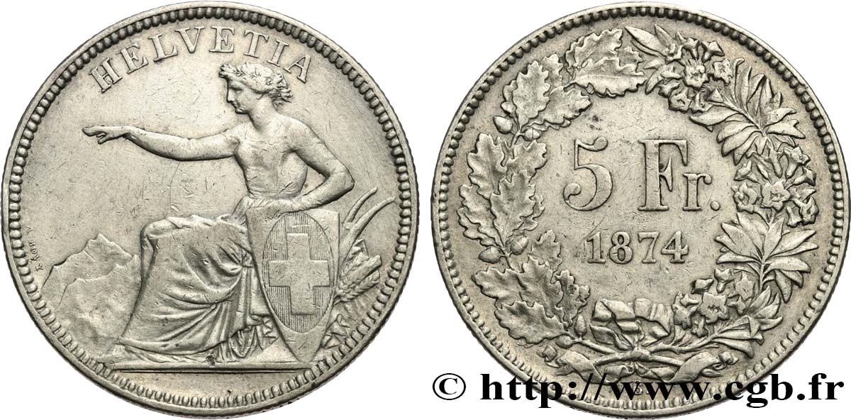 SVIZZERA  5 Francs Helvetia assise 1874 Bruxelles BB 