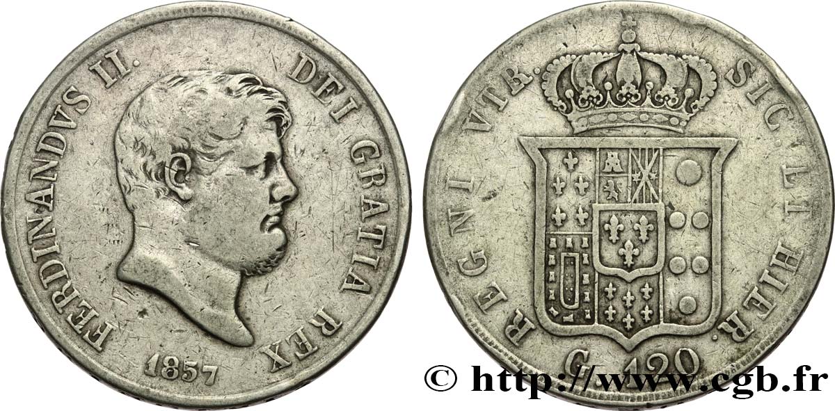 ITALIE - ROYAUME DES DEUX-SICILES 120 Grana Ferdinand II 1857 Naples TB+ 