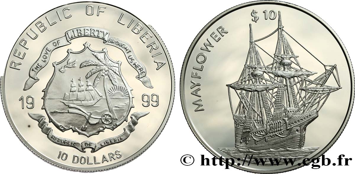 LIBERIA 10 Dollars Proof Voilier Mayflower 1999  FDC 