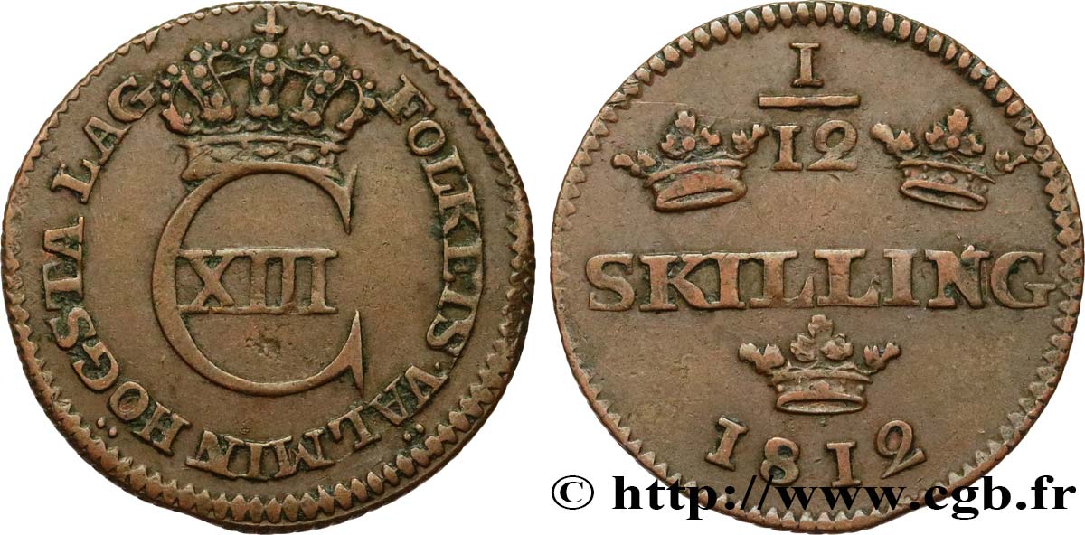 SUÈDE 1/12 Skilling Charles XIII 1812  TTB+ 