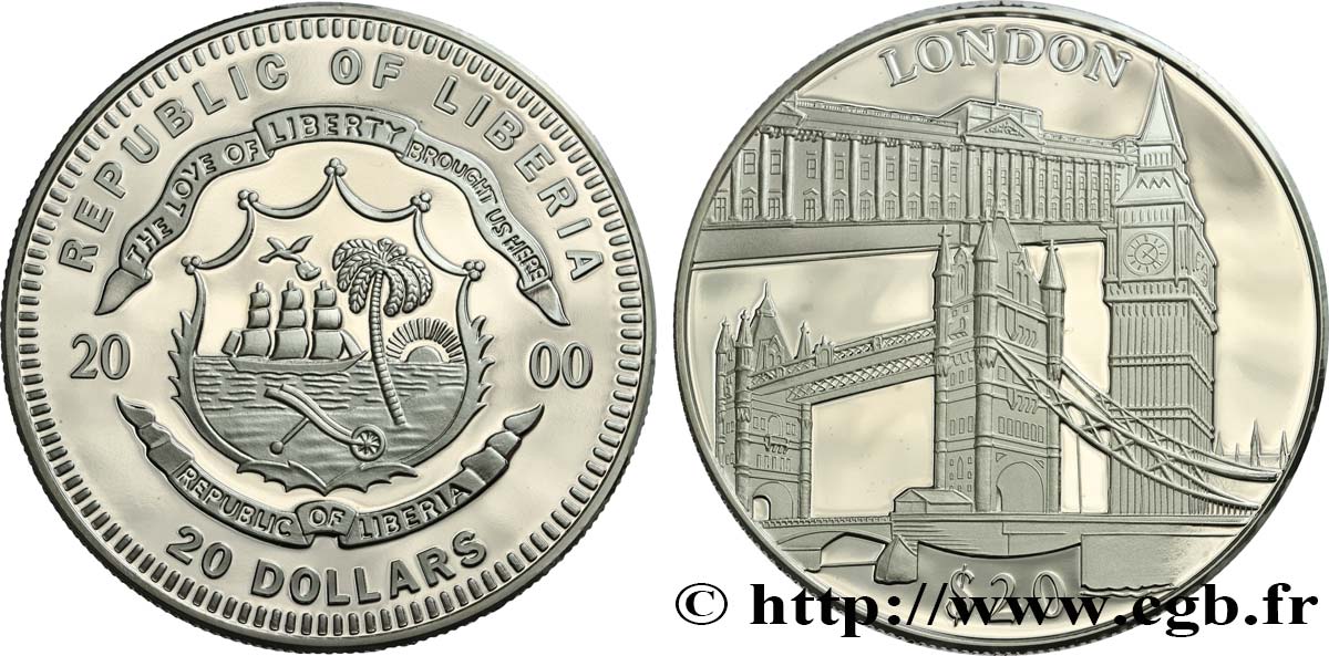 LIBERIA 20 Dollars Proof Monuments de Londres 2000  ST 