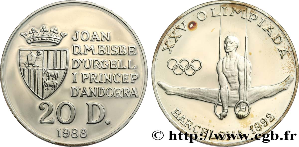 ANDORRA 20 Diners Proof Jeux Olympiques de Barcelone 1992 / anneaux 1988  fST 