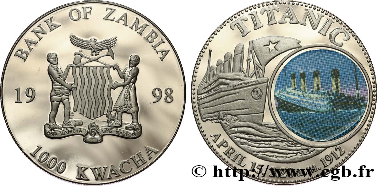 ZAMBIA 1000 Kwacha Proof Titanic 1998  MS 