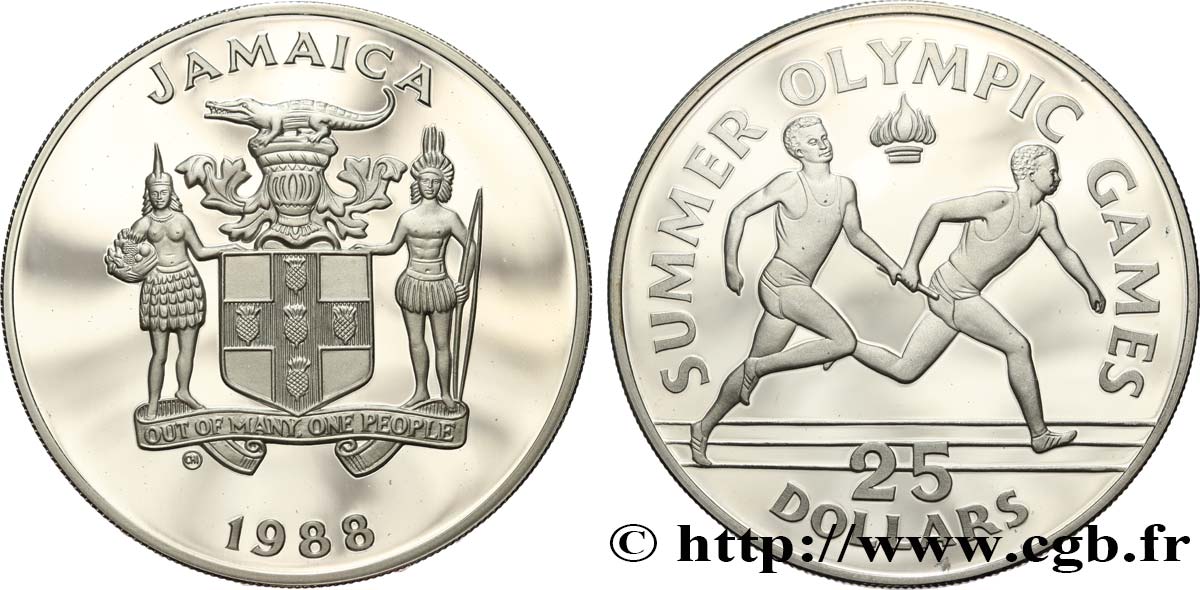 JAMAÏQUE 25 Dollars Proof Jeux Olympiques d’été Séoul 1988 - course de relais 1988  SPL 