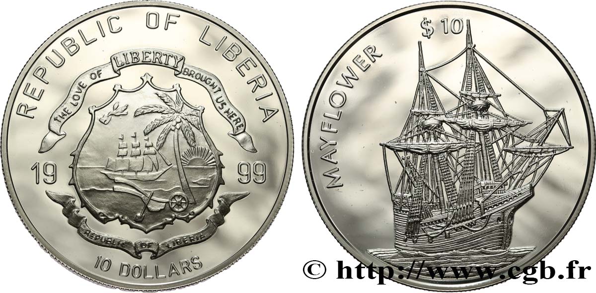 LIBERIA 10 Dollars Proof Voilier Mayflower 1999  FDC 