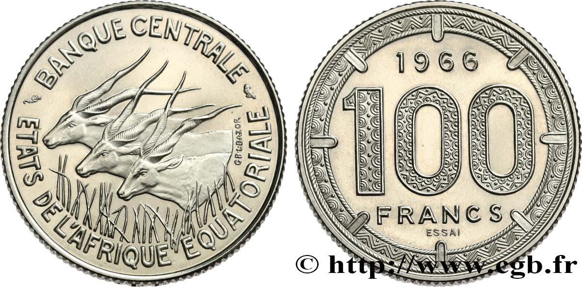 ÉTATS DE L AFRIQUE ÉQUATORIALE Essai de 100 Francs antilopes 1966 Paris SPL 