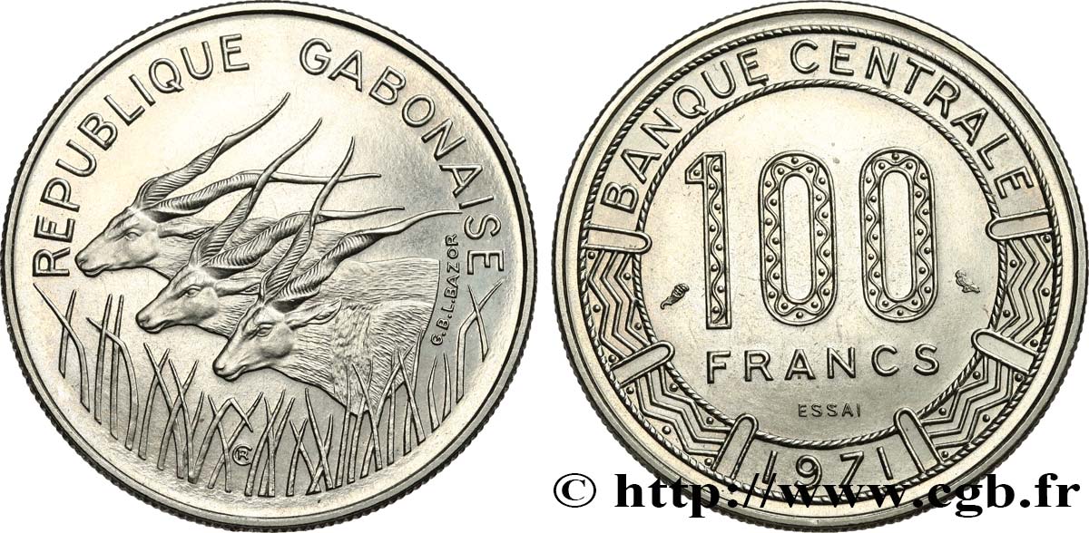 GABON Essai de 100 Francs antilopes type “Banque Centrale” 1971 Paris SPL 