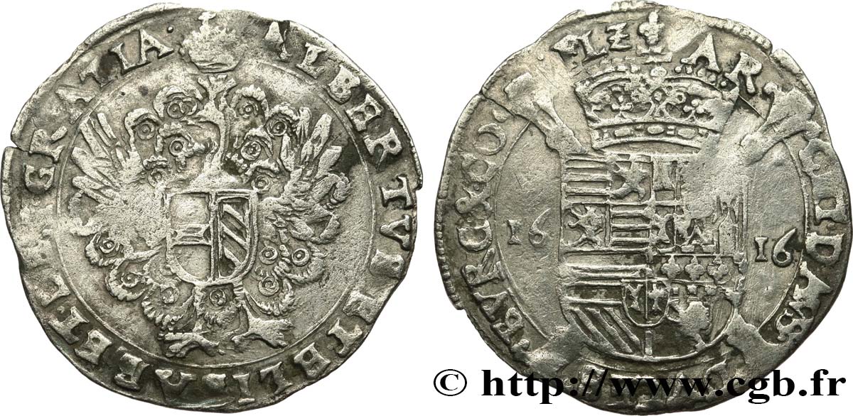 PAYS-BAS ESPAGNOLS - COMTÉ DE FLANDRE - ALBERT ET ISABELLE Escalin au paon 1616 Bruges TB+ 