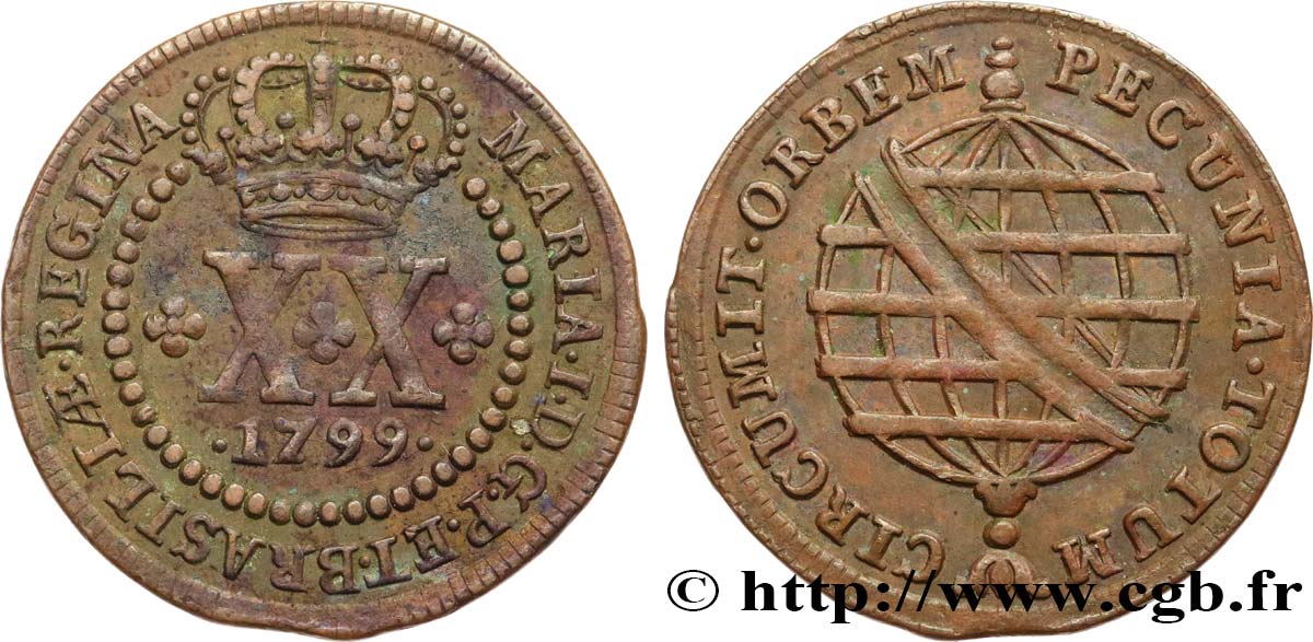 BRÉSIL 20 Réis Marie I 1799  TTB 