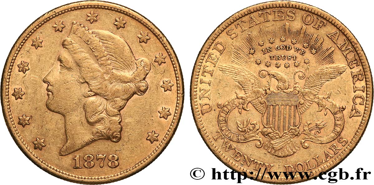 OR, PALLADIUM ET PLATINE INVESTISSEMENT 20 Dollars  Liberty  1878 Philadelphie TB+ 