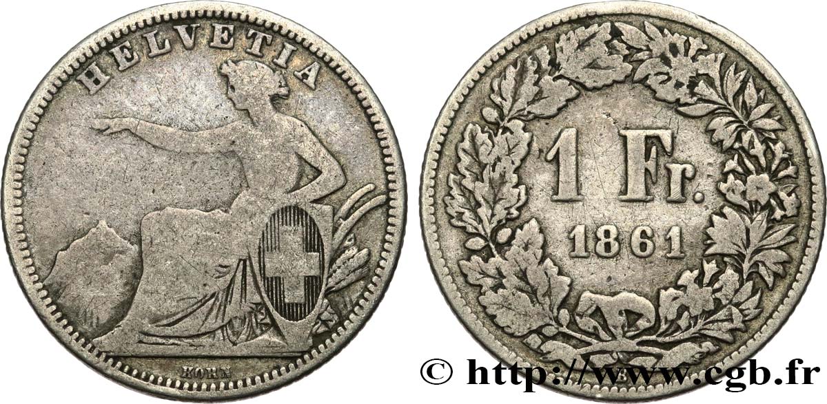 SWITZERLAND 1 Franc Helvetia assise 1861 Berne VF 