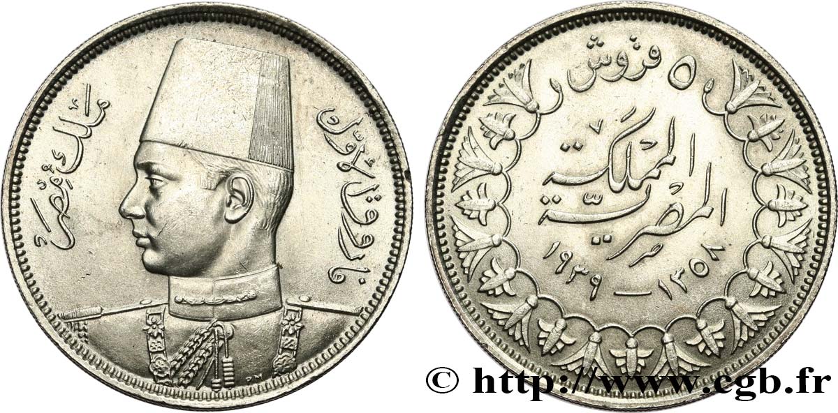 EGITTO 5 Piastres Roi Farouk AH1358 1939  MS 