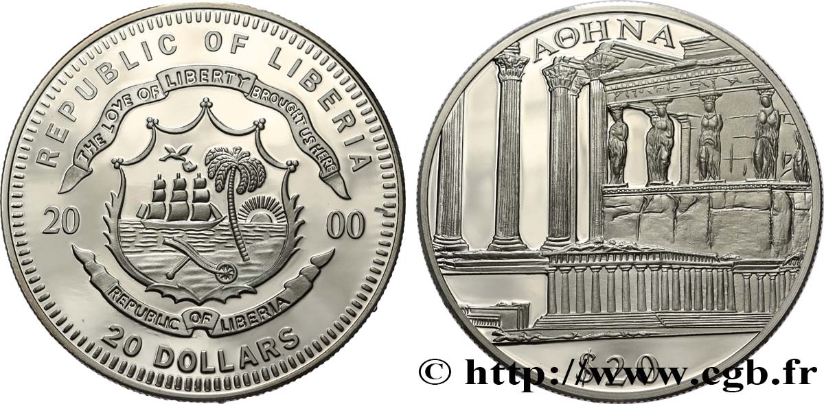 LIBERIA 20 Dollars Proof Monuments d’Athènes 2000  ST 