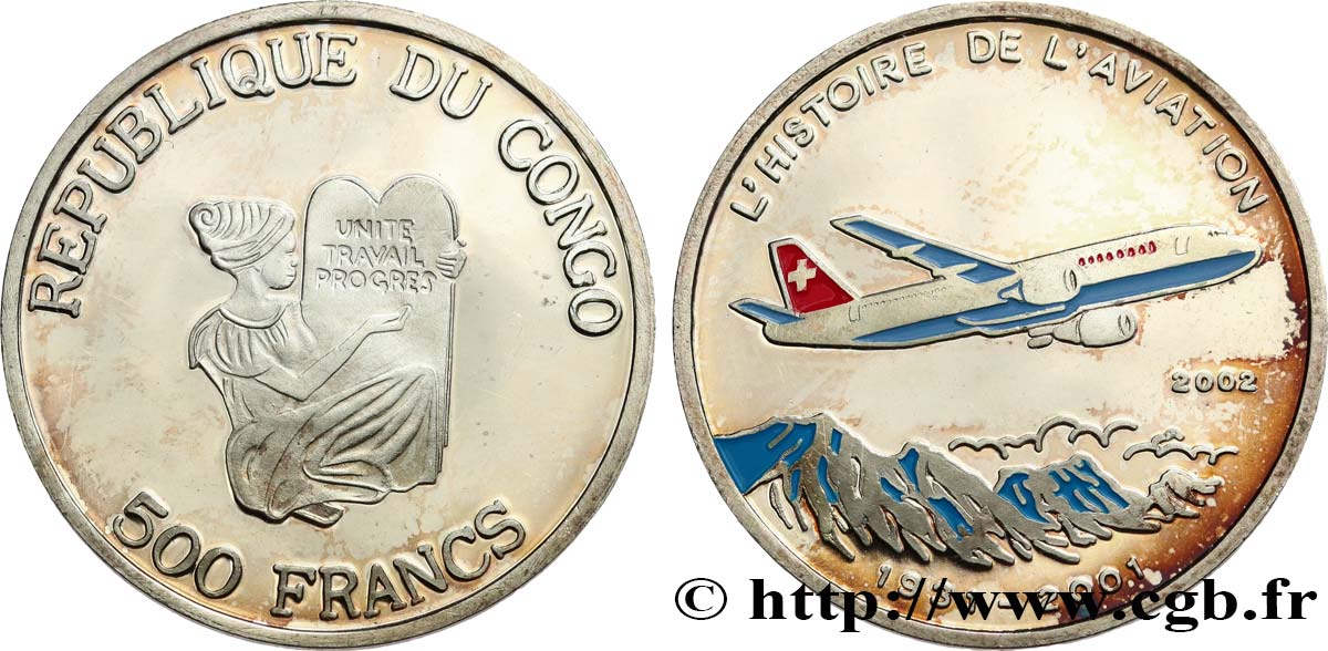 REPUBBLICA DEL CONGO 500 Francs Proof 70e anniversaire de la Swissair 1985  MS 
