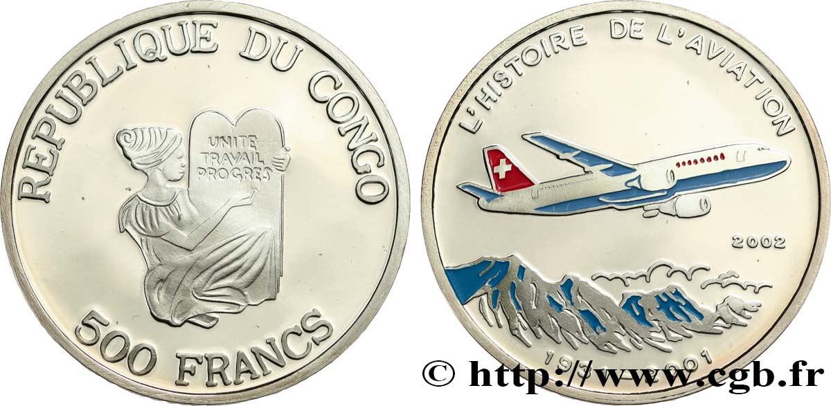 CONGO REPUBLIC 500 Francs Proof 70e anniversaire de la Swissair 2002  MS 