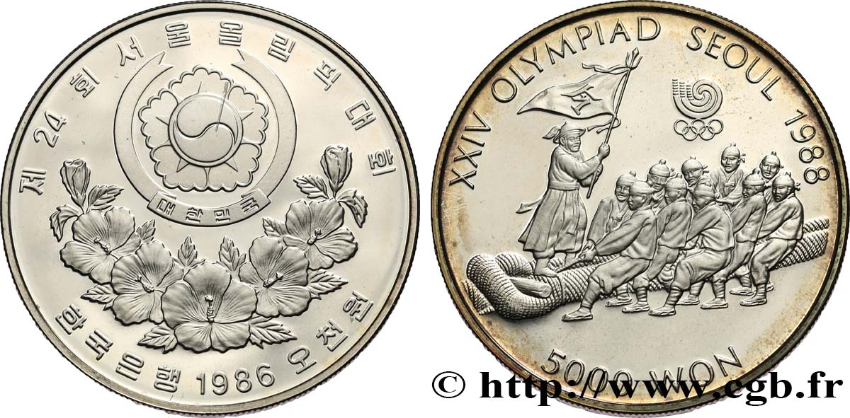 SOUTH KOREA  5000 Won Proof XXIV olympiade Séoul 1988 tir à la corde traditionnel 1986  MS 