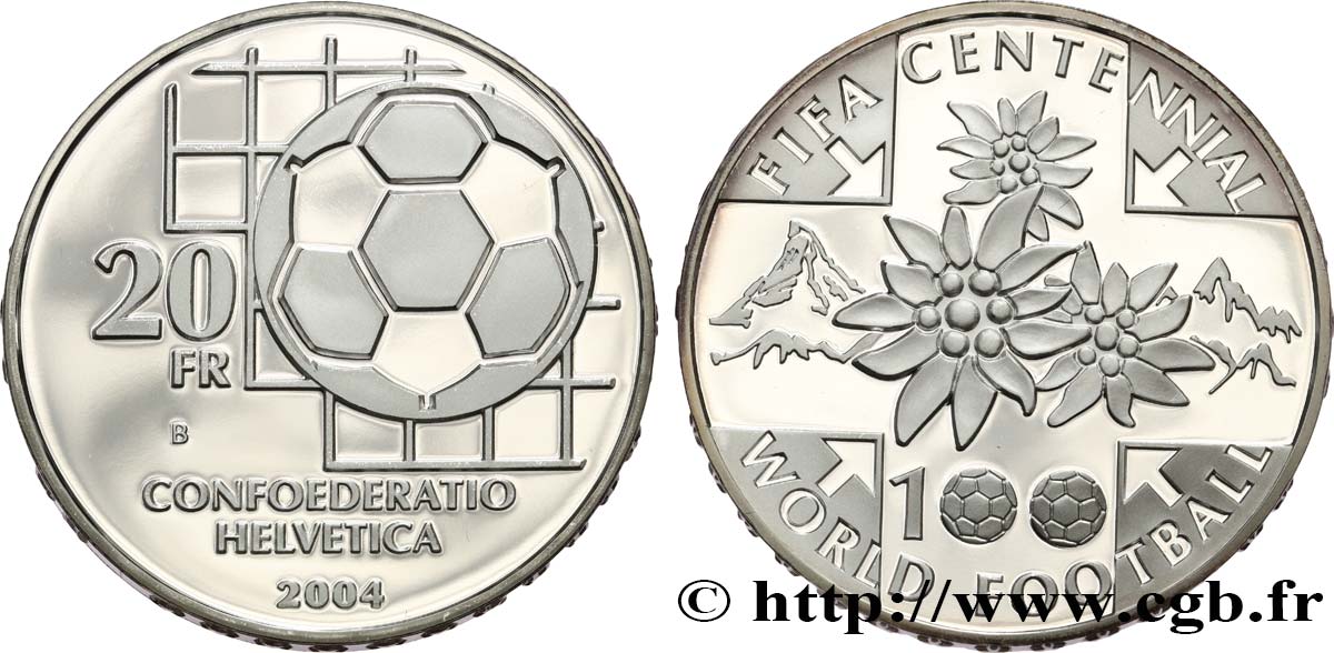 SVIZZERA  20 Francs Proof Centenaire de la FIFA 2004 Berne - B FDC 