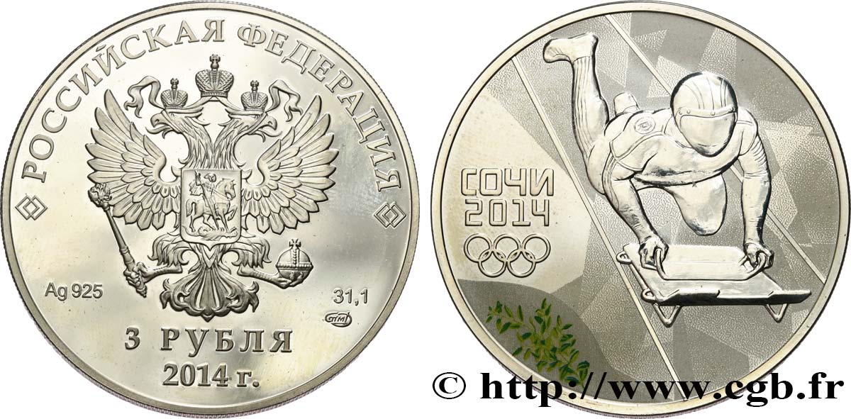 RUSSIA 3 Roubles Proof JeuxOlympiques d’hiver de Sotchy -  Skeleton 2014 Saint-Petersbourg MS 