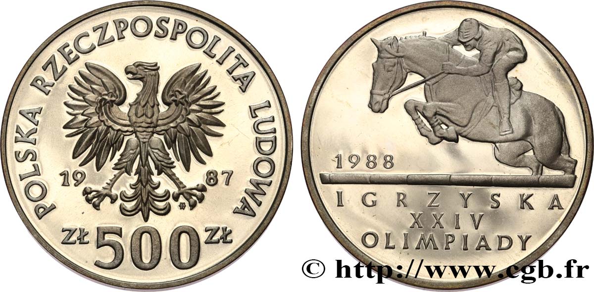POLONIA 500 Zlotych Pr oof XXIVe Olympiades - équitation 1987 Varsovie FDC 