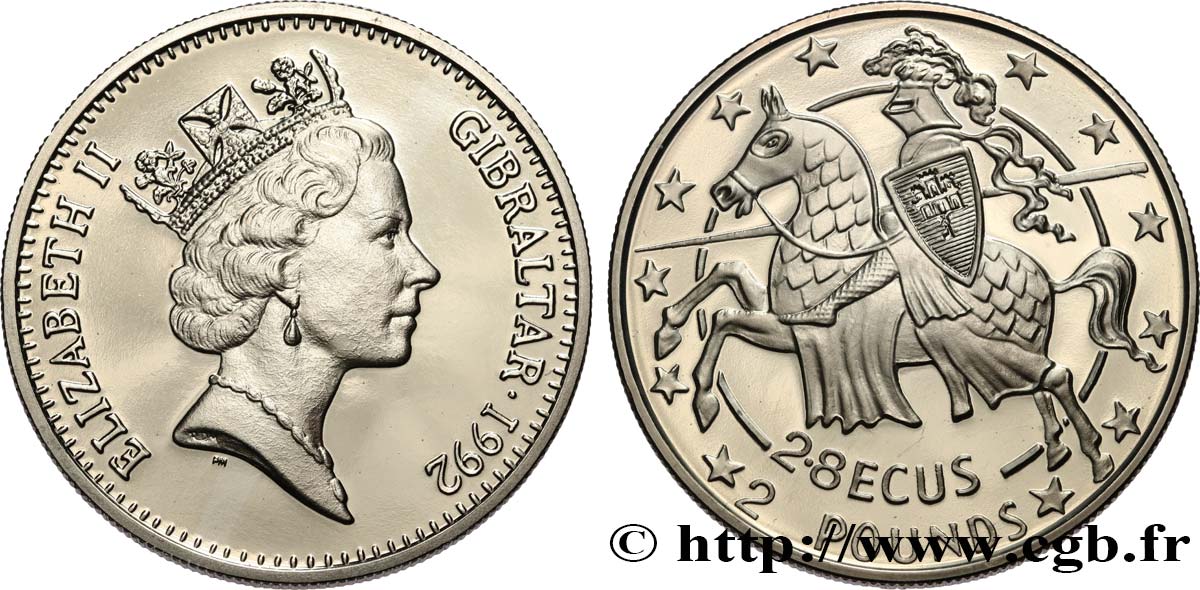 GIBRALTAR 2,8 Ecus - 2 Pounds Proof Elisabeth II / chevalier 1992 Pobjoy Mint FDC 