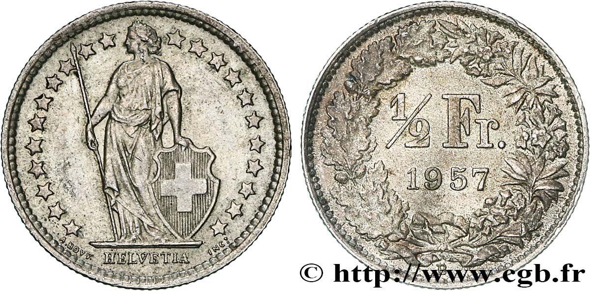 SUISSE 1/2 Franc Helvetia 1957 Berne - B SUP 
