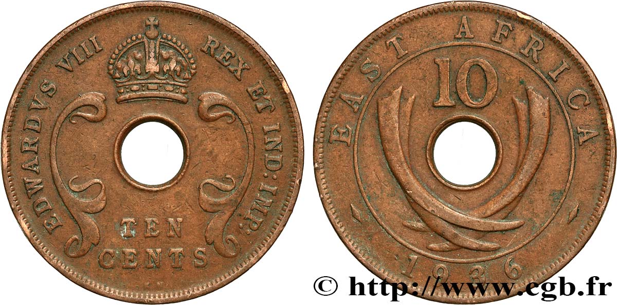 AFRICA DI L EST BRITANNICA  10 Cents frappe au nom d’Edouard VIII 1936 King’s Norton BB 