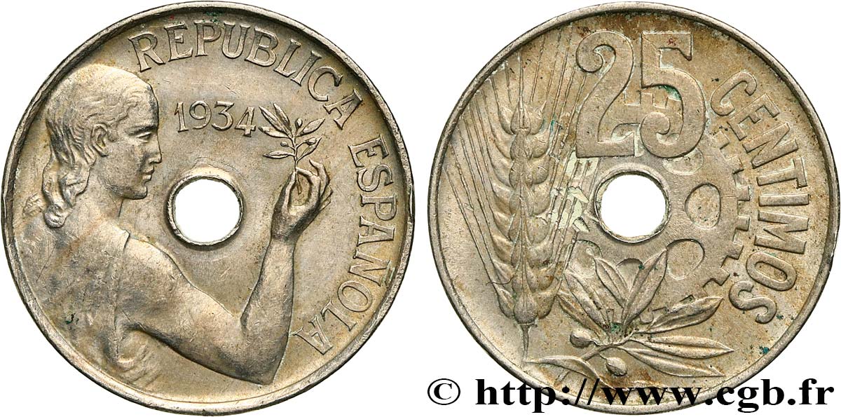ESPAÑA 25 Centimos monnayage républicain 1934  MBC+ 