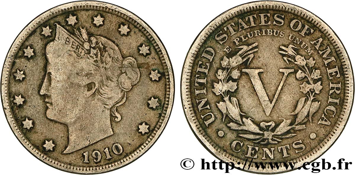 ÉTATS-UNIS D AMÉRIQUE 5 Cents Liberty Nickel 1910 Philadelphie TB+ 