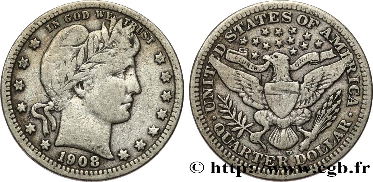 ÉTATS-UNIS D AMÉRIQUE 1/4 Dollar Barber 1908 Denver TB+ 