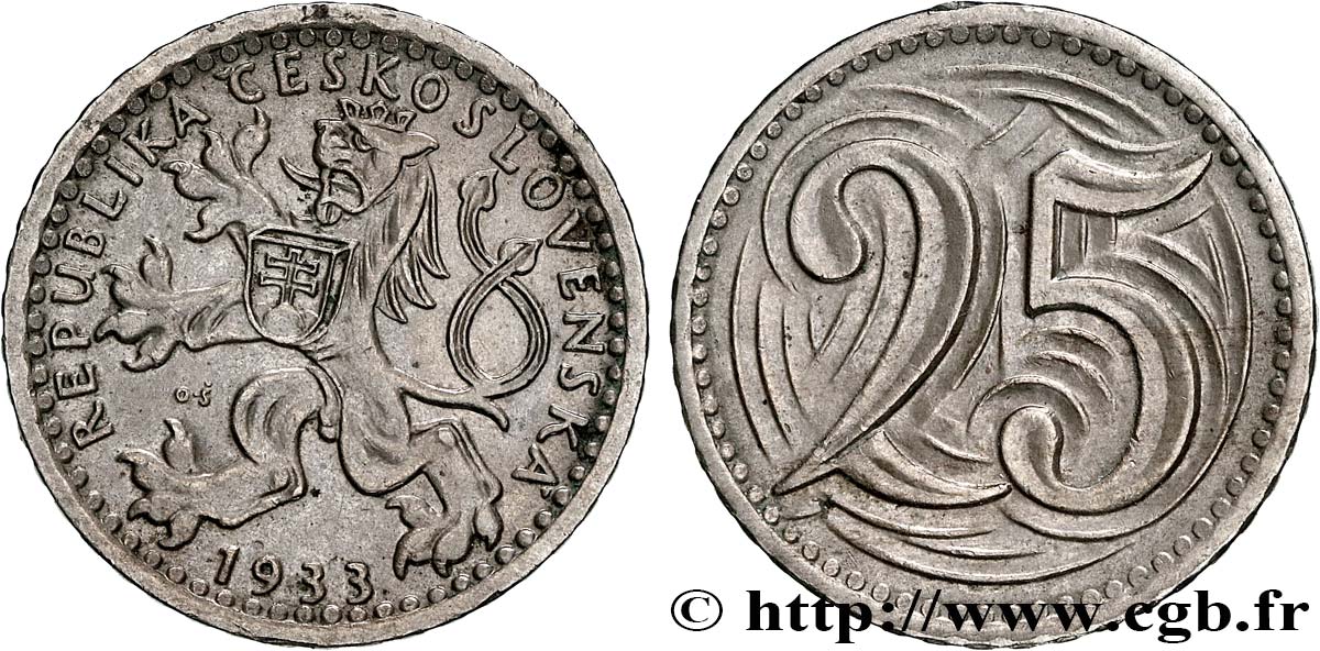 TCHÉCOSLOVAQUIE 25 Haleru lion tchèque 1933  SUP 