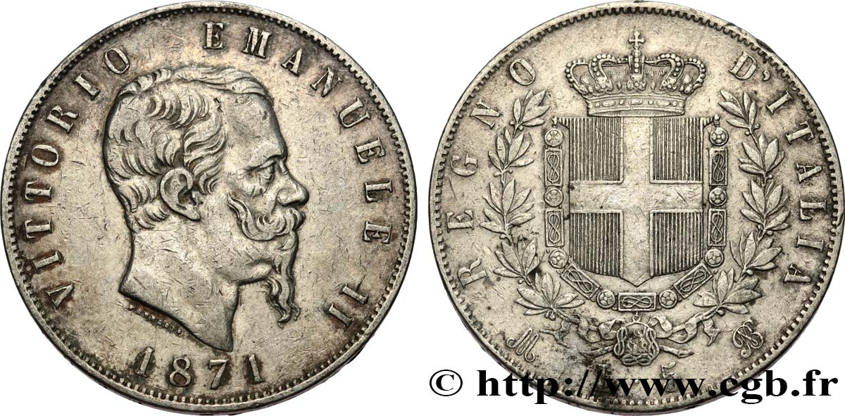 ITALIE 5 Lire Victor Emmanuel II 1871 Milan TTB 